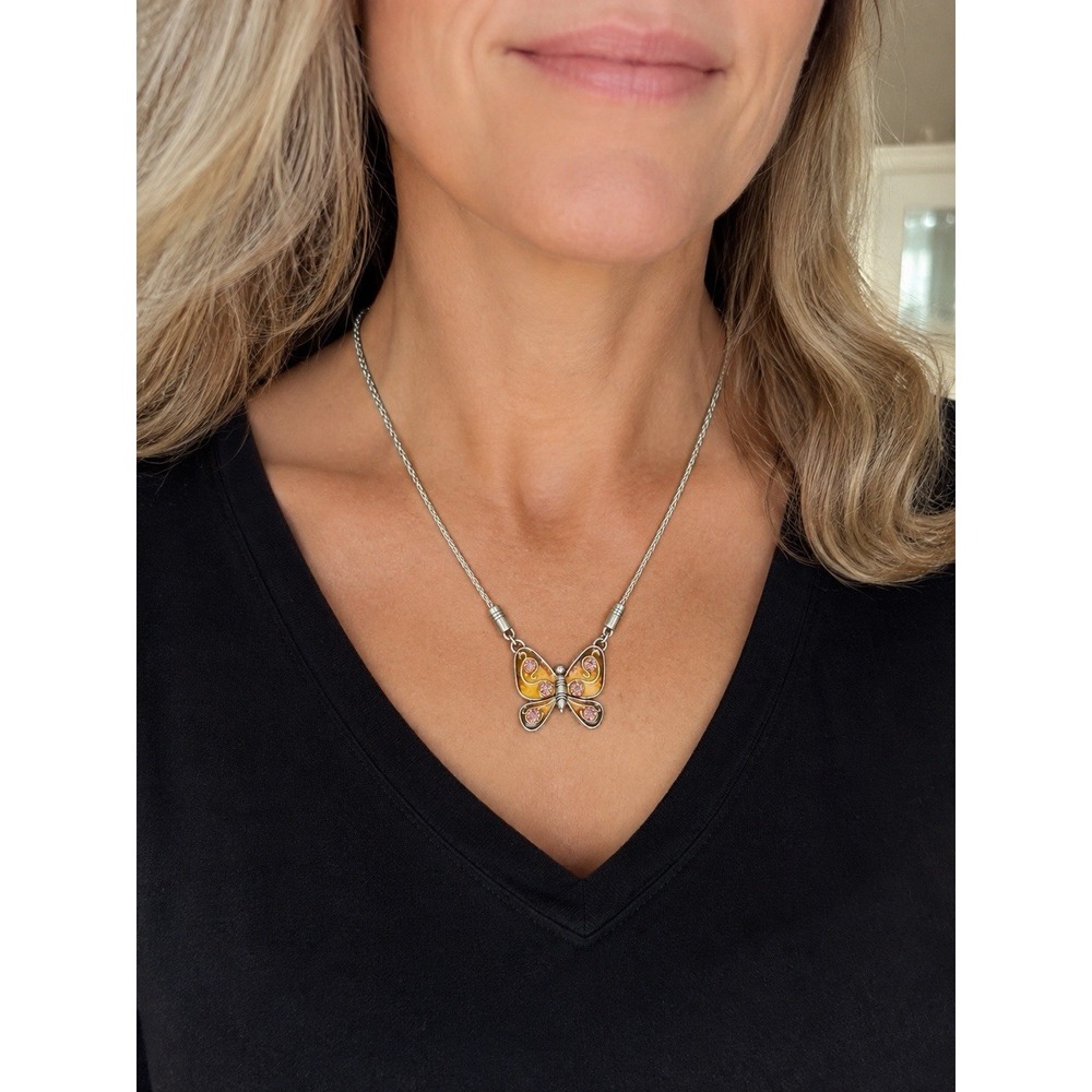Brighton Reversible Butterfly Necklace 18" Silver Tone Amber Red Black Pink